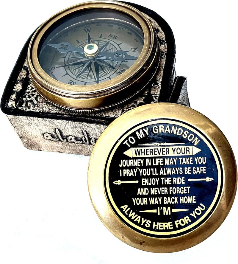 ALADEAN Gift for Grandson Brass Compass Engraved Quote | Memory Present to My Grandson Birthday, Baptism, Graduation, Confirmation, Love, Gift idea by Grandpa Grandma - Image 1